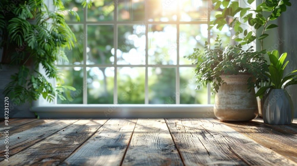 Poster table background of free space and blurred window background.copy space for your decoration and sofa