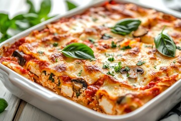 Italian lasagna casserole with firm tofu, mushrooms, tomato sauce baked on the oven, served on a baking dish with fresh basil on a white wooden background, close-up , ai