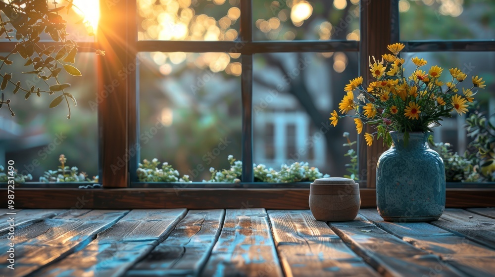 Aufkleber table background of free space and blurred window background.copy space for your decoration and sofa