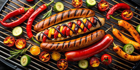 Fototapeta premium Aerial view of sizzling hot dog and grilled vegetables on barbecue grill , barbecue, hot dog, vegetables, grilling