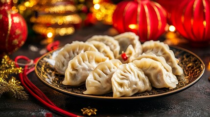 A plate of Chinese dumplings (Jiaozi) with chopsticks, surrounded by festive Chinese New Year decorations and red lanterns, perfect for banners or posters.