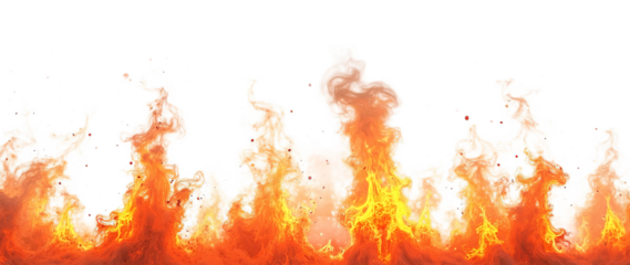 Vibrant bottom border, intense fire with dynamic flames and heat waves against a stark, isolated on transparent background