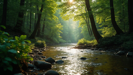 Obraz premium Gentle stream illuminated by sunlight flowing through a verdant forest at dawn
