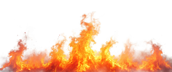 Vibrant bottom border, intense fire with dynamic flames and heat waves against a stark, isolated on transparent background