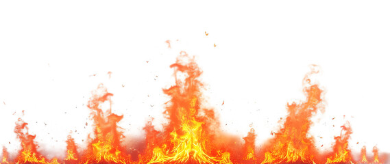 Vibrant bottom border, intense fire with dynamic flames and heat waves against a stark, isolated on transparent background