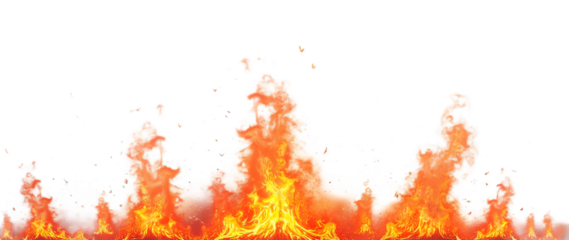 Vibrant bottom border, intense fire with dynamic flames and heat waves against a stark, isolated on transparent background