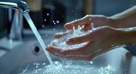 Fototapeta premium A close-up shot of hands washing under the tap, showcasing clean water flowing from it into their palms in a modern bathroom setting. 