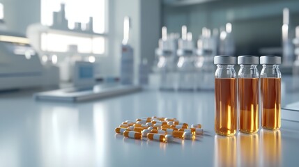 A line of sealed vials filled with liquid, arranged next to a pile of pills on a plain white laboratory bench.