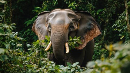 Fototapeta premium An elephant tearing branches from a tree with its trunk, leaves and small twigs visible as it chews, with the dense forest as a background