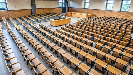 Empty lecture hall with rows of empty chairs and desks viewed from a high desk , education, university, classroom