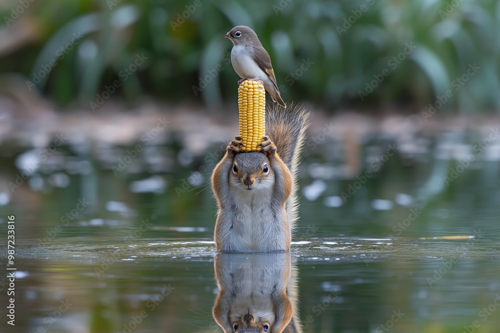 Poster bird is holding a corn cob on its head. the bird is a squirrel. squirrel holding a corn cob with a b