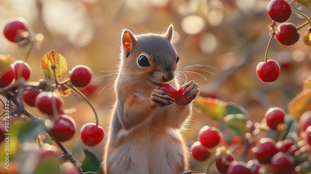 Poster squirrel is eating a cherry. the cherry is red and is on a branch. a squirrel stopping to pick cherr