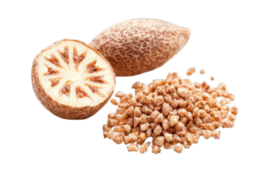 Deliciously textured nut with a unique pattern, showcasing sliced and crushed pieces for culinary uses or health benefits.