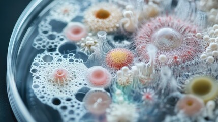Close-up of a petri dish filled with fungal and bacterial colonies, emphasizing the diversity of microbial cultures.