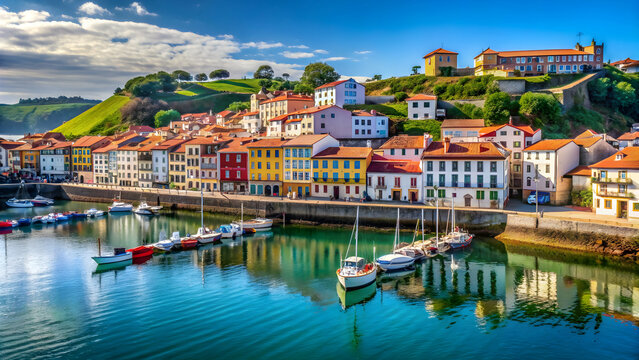 Panoramic view of Luanco, a charming seaside town in Asturias, Spain, featuring colorful buildings and a picturesque harbor