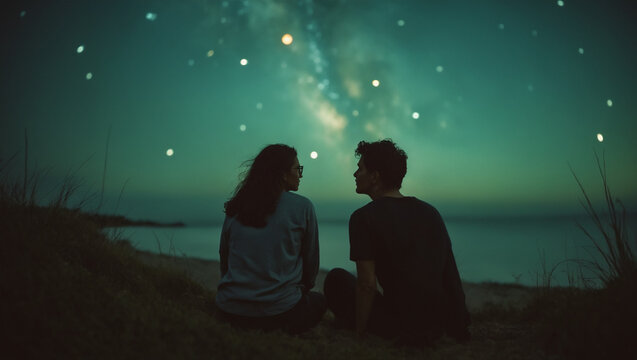 Young couple gazing at stars in a romantic ambiance on a beach at night - Powered by Adobe