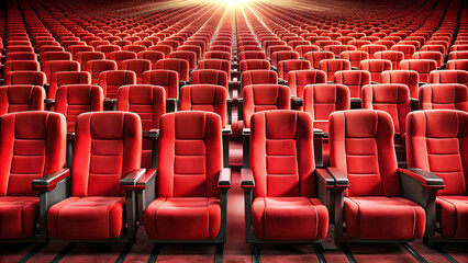 Naklejka premium Rows of red cinema seats , theater, movie, cinema, entertainment, auditorium, seats, audience, red, film, screenings, event