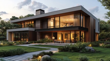 Fototapeta premium Architectural cube house, first floor in rustic wood paneling, upper floors in brushed metal, clean lines, sunset lighting, futuristic vibe