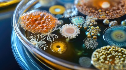 Petri dish with various bacterial and fungal colonies forming intricate patterns, captured in a sterile lab setting.