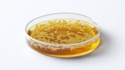 Petri dish with visible bacterial colonies and fungal growth, displayed against a sterile white background, no people.