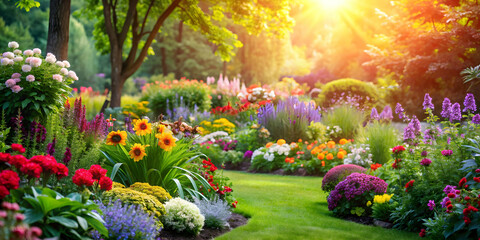Vibrant flowers and lush greenery create a stunning and colorful garden scene , Beautiful, garden, flowers, vibrant