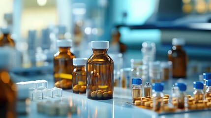 Various pill bottles and vials neatly placed on a laboratory bench, with a focus on the details of the objects.