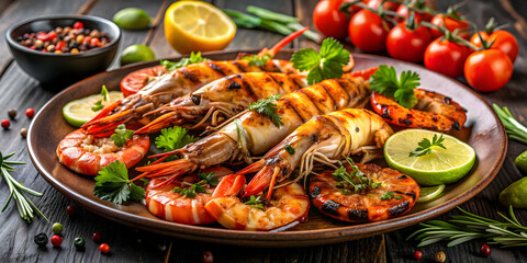 Gourmet seafood sensation featuring grilled prawns and shrimp cooked to perfection for a delicious dinner , seafood