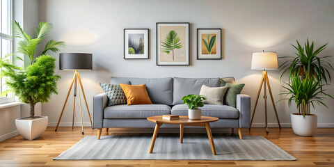 Modern living room with cozy sofa, stylish lamp, beautiful pictures, and a vibrant houseplant , modern, living room