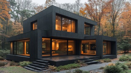 Contemporary cube architecture, dark gray concrete walls, thin horizontal windows, clean lines blending with nature in a minimalist landscape