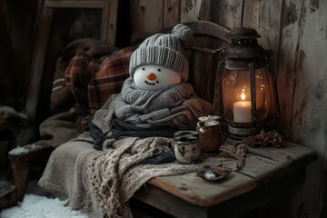 A joyful snowman dressed warmly sits on a chair beside a softly lit lantern, creating a cozy atmosphere in a winter cabin