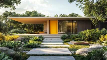 Fototapeta premium Contemporary cube home design, vibrant yellow door as focal point, natural stone pathways leading to entrance, vibrant greens and earth tones, illustration, architectural style