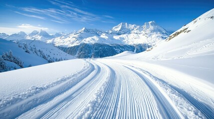 Ski tracks cut through fresh snow on a Swiss Alps slope, with panoramic views of the surrounding snow-capped mountains under a bright, clear sky.