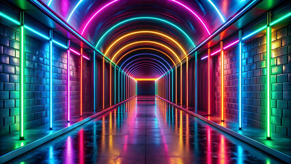Fototapeta premium Multicolored neon lamps illuminating a dark tunnel with vibrant reflections on the walls , neon, multicolored