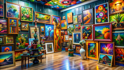 Fototapeta premium A vibrant and eclectic mix of various art forms including painting, sculpture, photography, and digital art