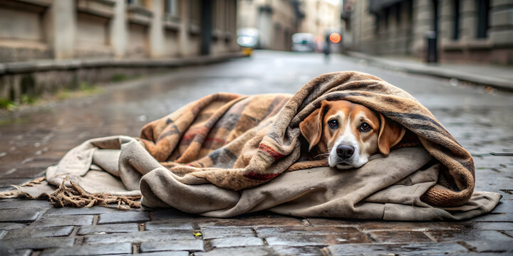 Homeless dog lying on the street covered with a torn blanket , homeless, dog, street, abandoned, sad, stray, animal, impoverished