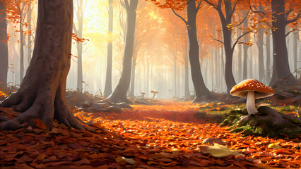 Magical autumn forest scene: Illustration of a fairy tale landscape with a red Amanita muscaria mushroom reflected in the sunlight, with fallen leaves in shades of orange, red and brown