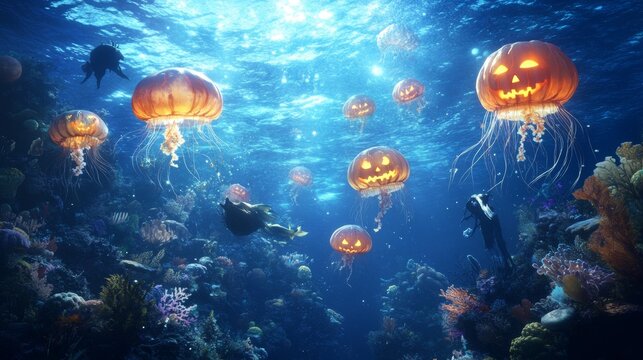 Underwater Halloween party with glowing jack-o-lantern jellyfish costumed figures