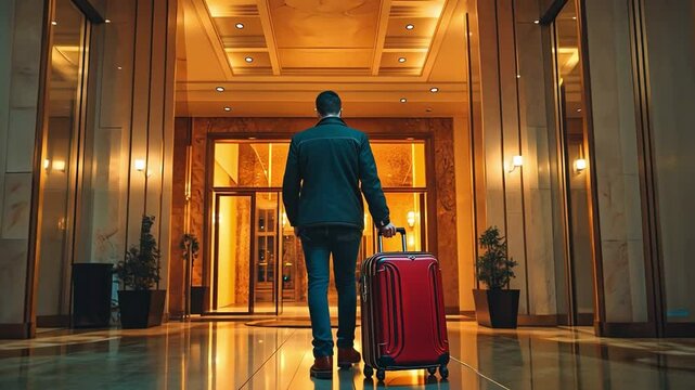 A middle-aged man checks into the hotel and makes his way to his room while dragging his suitcase across the lobby.