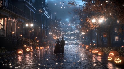 Victorian Halloween scene with elegantly dressed figures in dark costumes