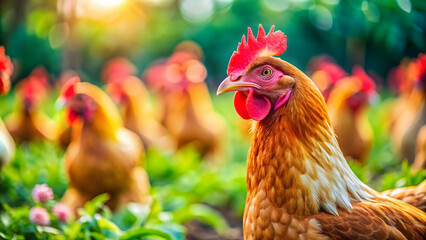 A close-up photo of a lively chicken on a colorful farm, chicken, farm, livestock, bird, rural, agriculture, feathers