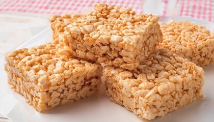Rice Krispie square treat are rectangular, light and crispy squares made from puffed rice cereal bound together with a sweet, sticky mixture of butter or margarine and marshmallow. Homemade in kitchen