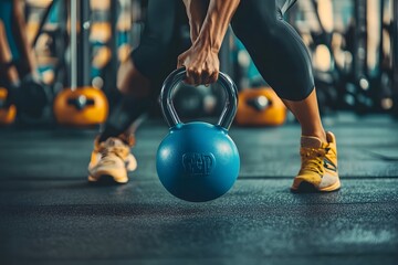 A woman in a gym lifts a blue kettlebell during a workout.