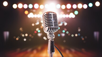 A vintage microphone is prominently positioned in the foreground, illuminated by a soft glow. The microphone is attached to a cord and is set against a blurred background of multicolored lights,