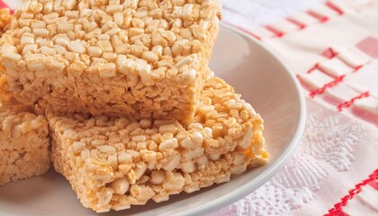 Rice Krispie square treat are rectangular, light and crispy squares made from puffed rice cereal bound together with a sweet, sticky mixture of butter or margarine and marshmallow. Homemade in kitchen