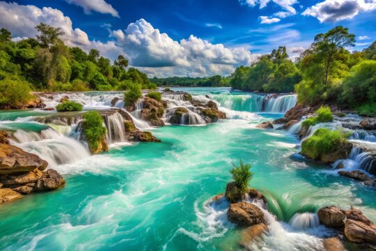 In Laos, a turquoise waterfall tumbles over limestone cliffs, creating a swirling river at Khone Phapheng Falls, a