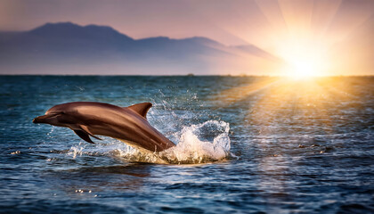 Fototapeta premium A sleek dolphin leaps gracefully from the sparkling ocean, its body racing in the sunlight