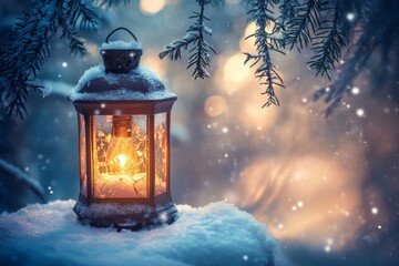 Glowing light from a lantern breaks through the falling snow, casting a gentle warmth in a serene winter setting