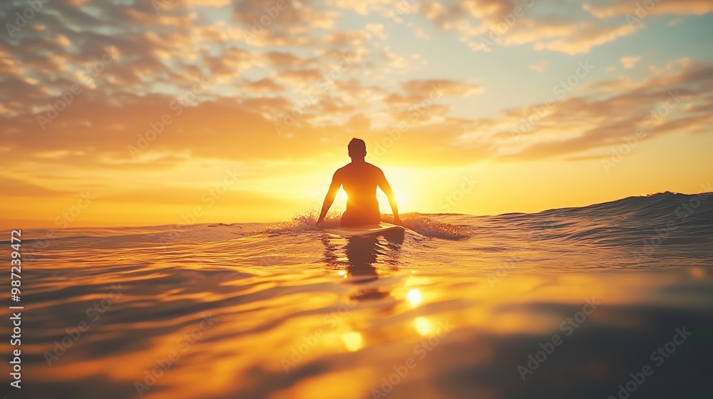 Poster A surfer sits on their surfboard in the ocean at sunset.