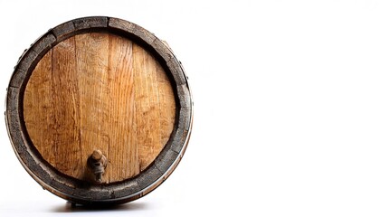 Large wooden barrel, keg or cask for alcohol drinks containing whiskey, beer or wine, spirits. isolated on white background with copy space.  used to transport nails, gunpowder, or other liquids
