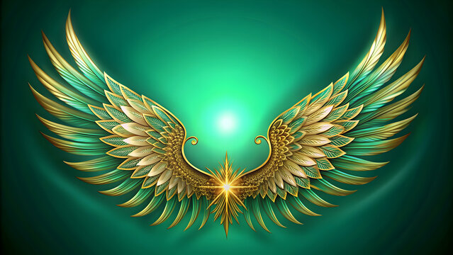 Angelic abstract motif in emerald gold color with healing emerald background and Archangel Raphael wings, Angel, abstract, motif